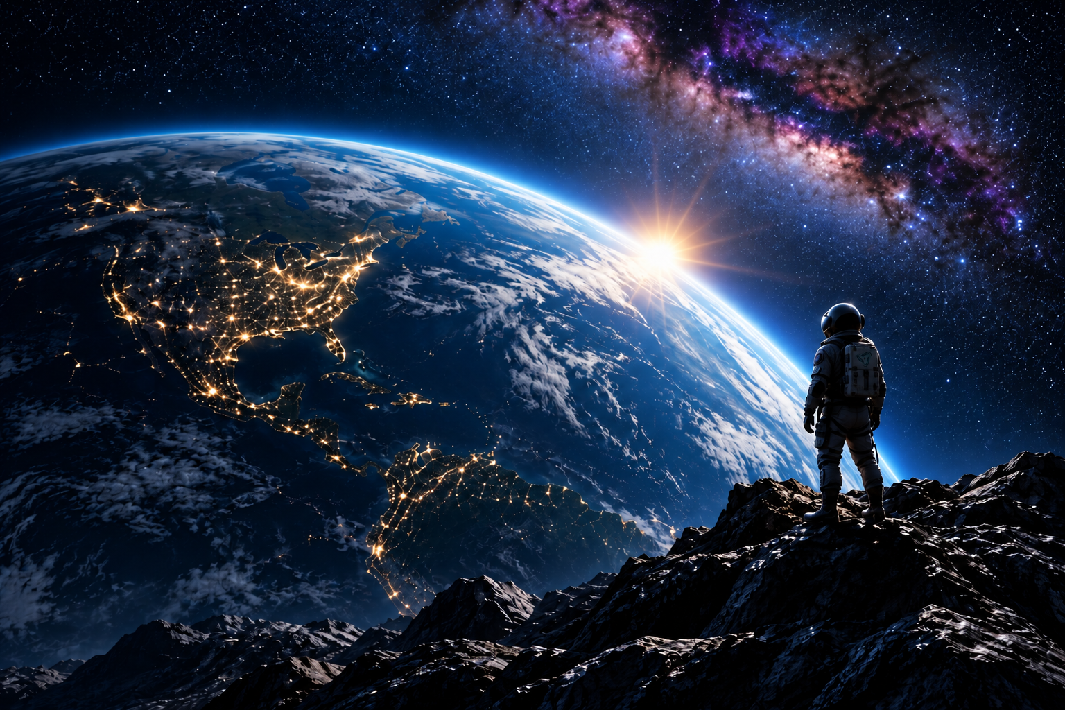 An astronaut on a rocky ridge looks across a glowing Earth beneath the Milky Way.